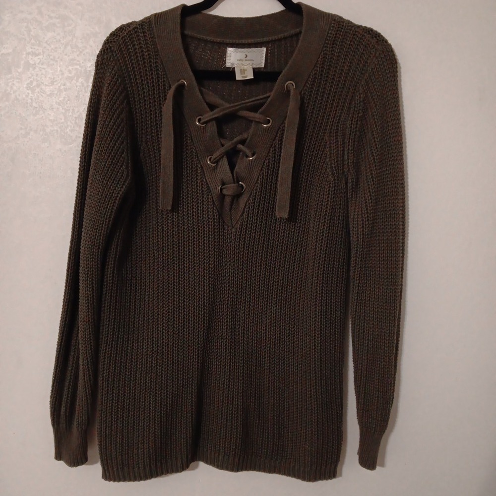 Ruby Moon Women's Lace-up Sweater Sz M Large Knit Olive‎ Green